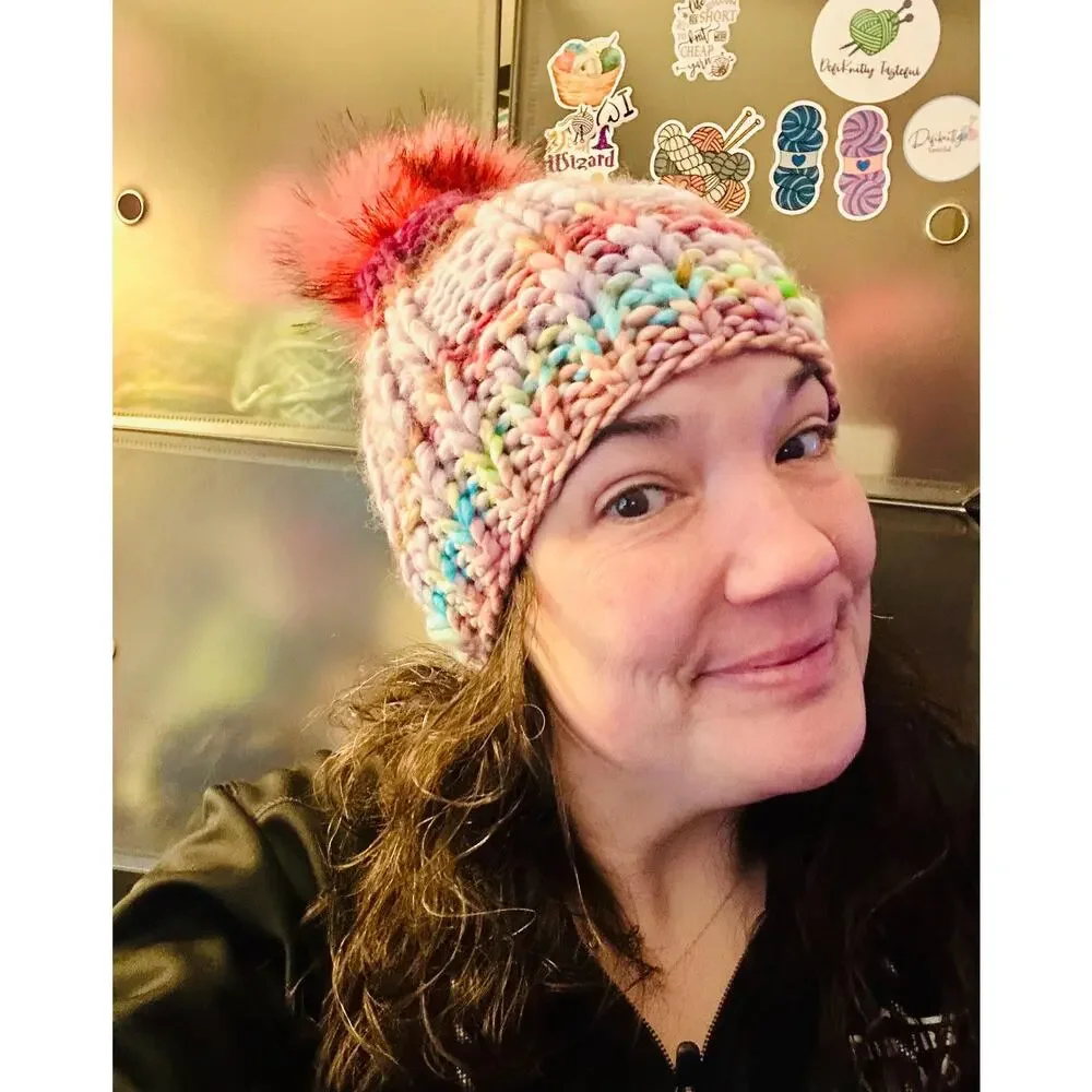 Handmade Neon Merino Wool Beanie: Colorful Winter Hat with Faux Fur Pom